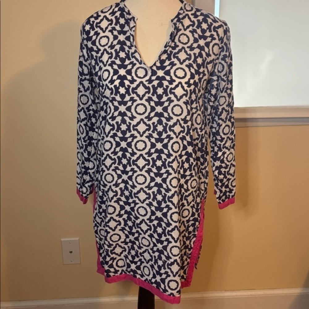 Roberta Roller Rabbit Tunic Top Size xs blue White Cotton Slit‎ V Neck Coverup